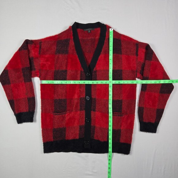Cyrus Women’s XL Red Black Buffalo Plaid Cardigan Sweater Soft Fuzzy Knit Pocket - Picture 9 of 9